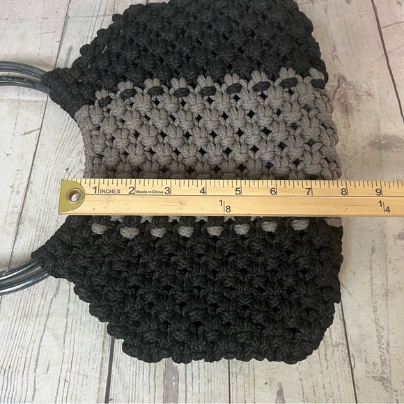 Vintage Macrame Handbag Purse Black Gray Bag Handmade Boho Round Handles MCM - Picture 4 of 13